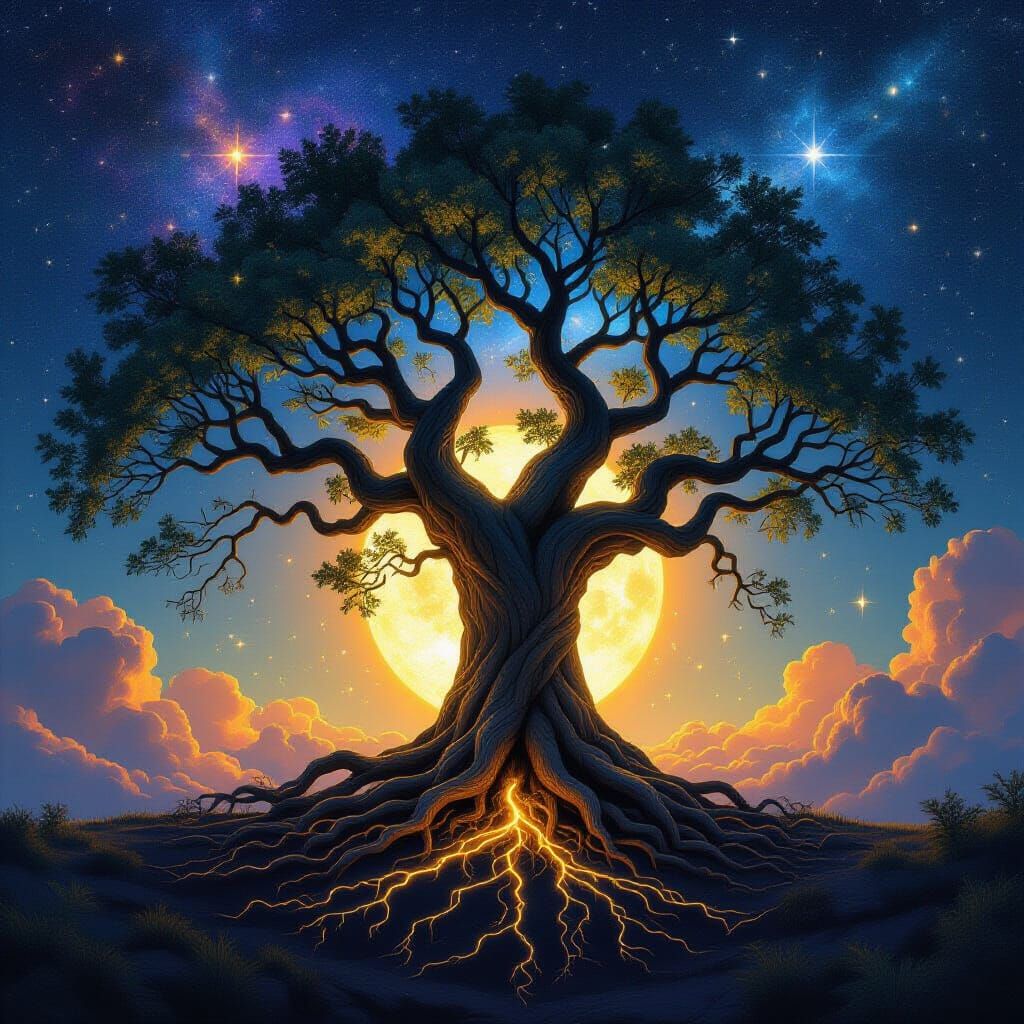 Ancient Tree Under Starry Nebula