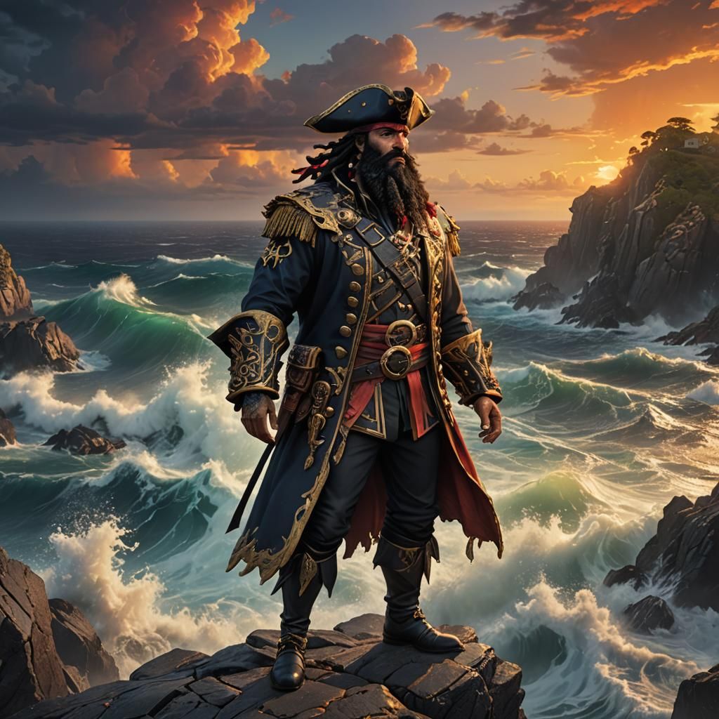Blackbeard on a Cliff at Sunset: Anime Concept Art