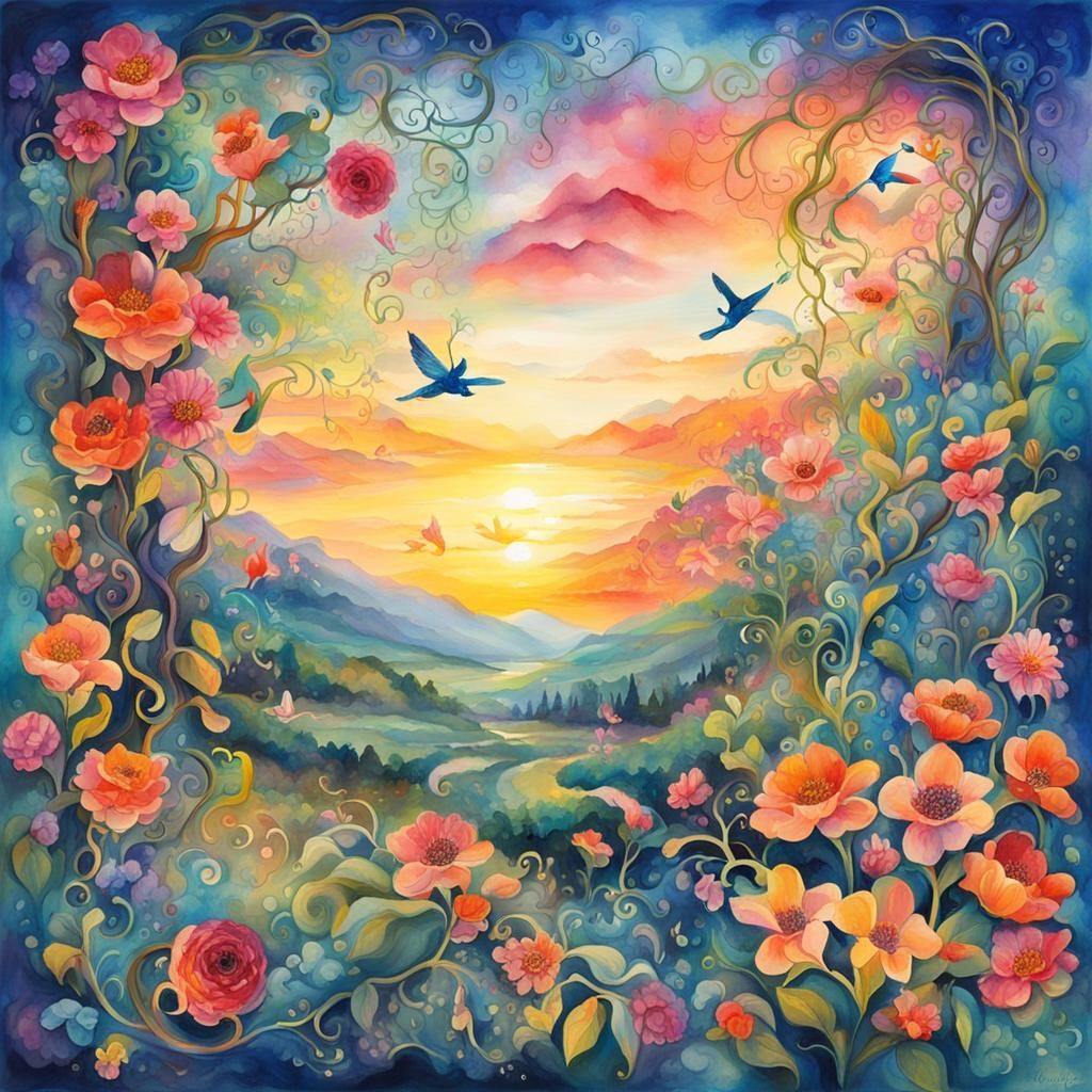Surreal Mindscape at Sunrise with Flowers in Aquarelle