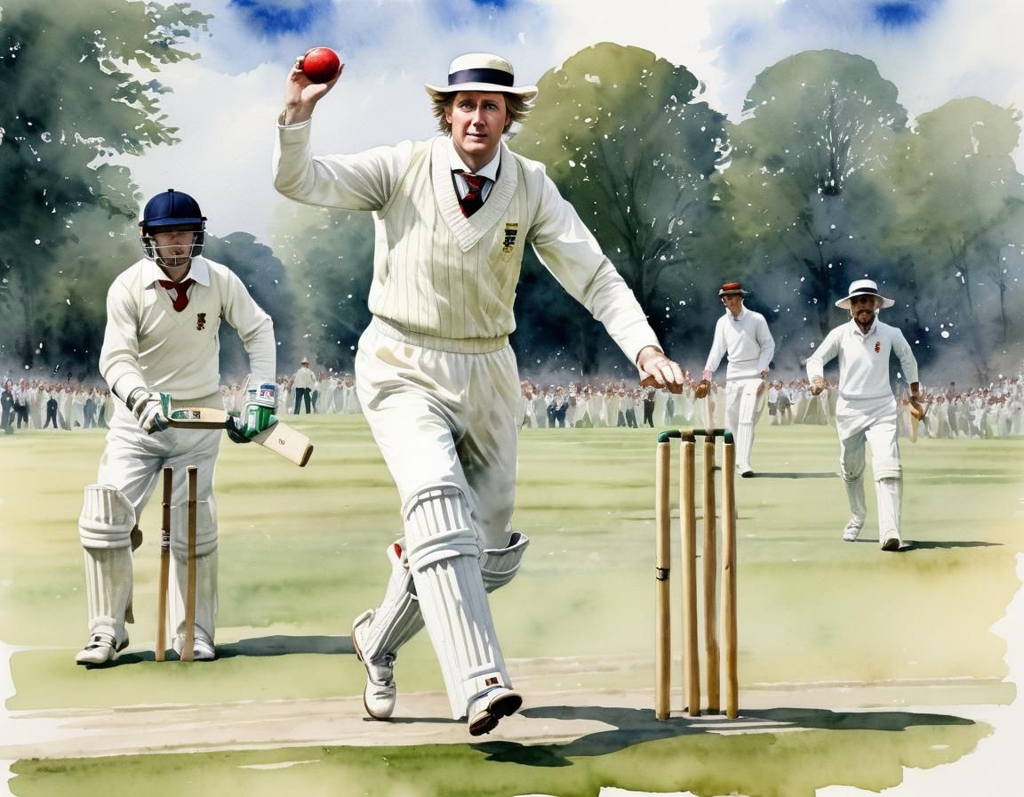 Edwardian Cricketer in Watercolour Splash Art