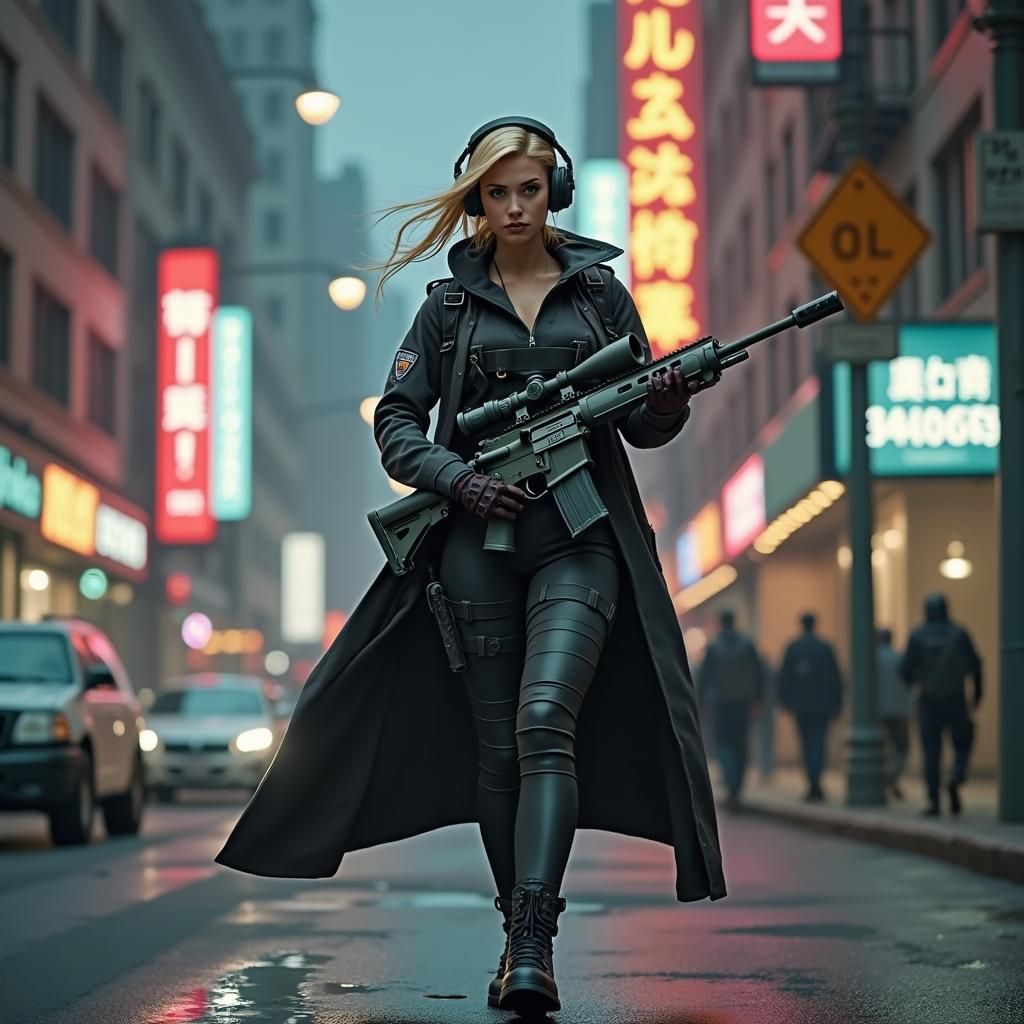 Female Soldier on Rooftop in Futuristic Style