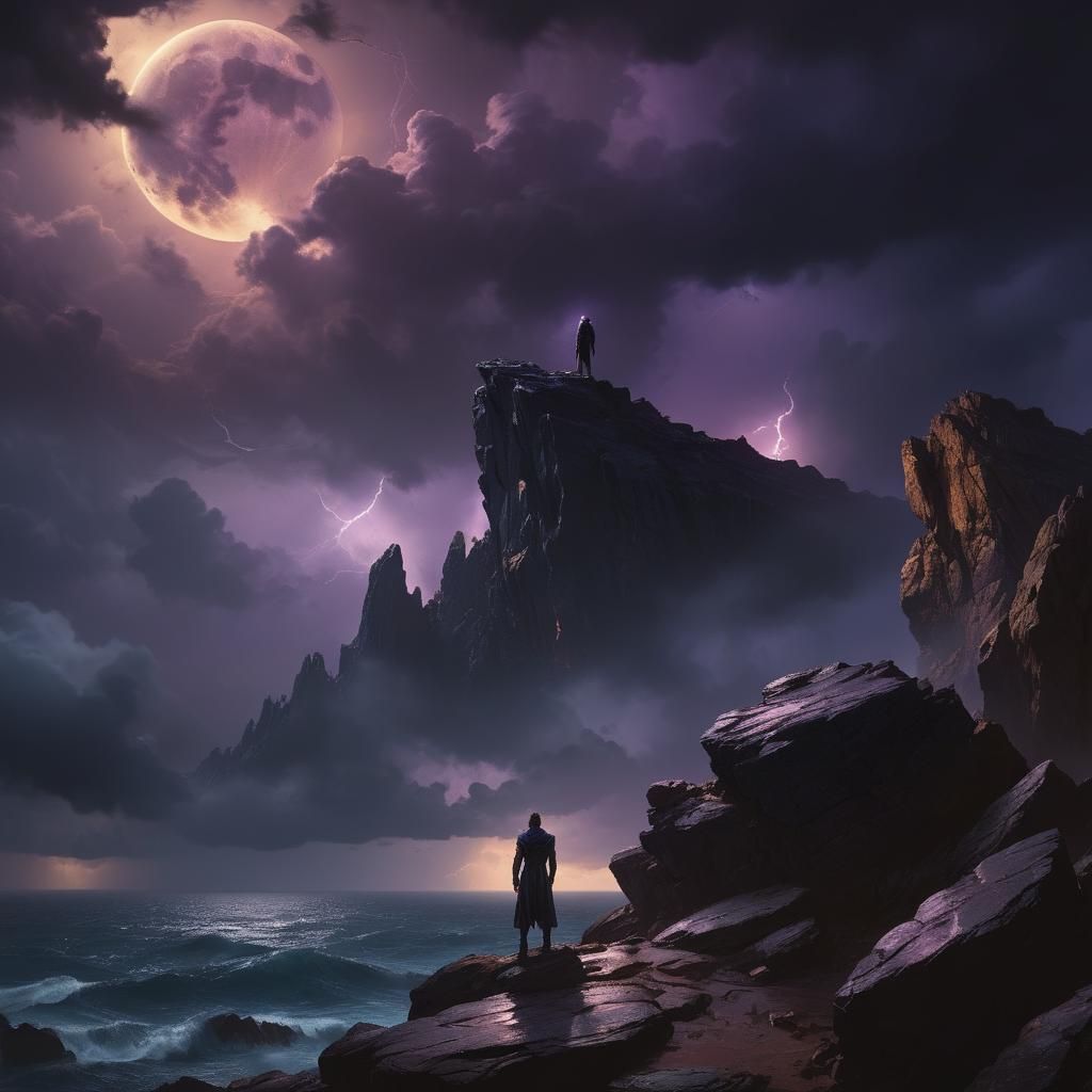 Lone Figure Gazing at Black Moon in Stormy Landscape