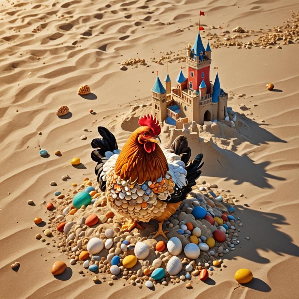 Chicken Builds Sandcastle: Whimsical Digital Art
