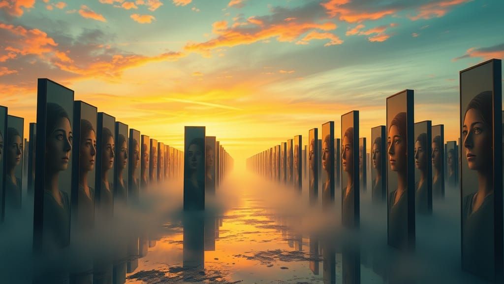 Surreal Oil Painting Fantasy Landscape with Mirrors and Huma...