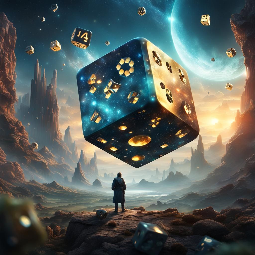 A magical dice in a space science fiction environment. It represents the dice of luck