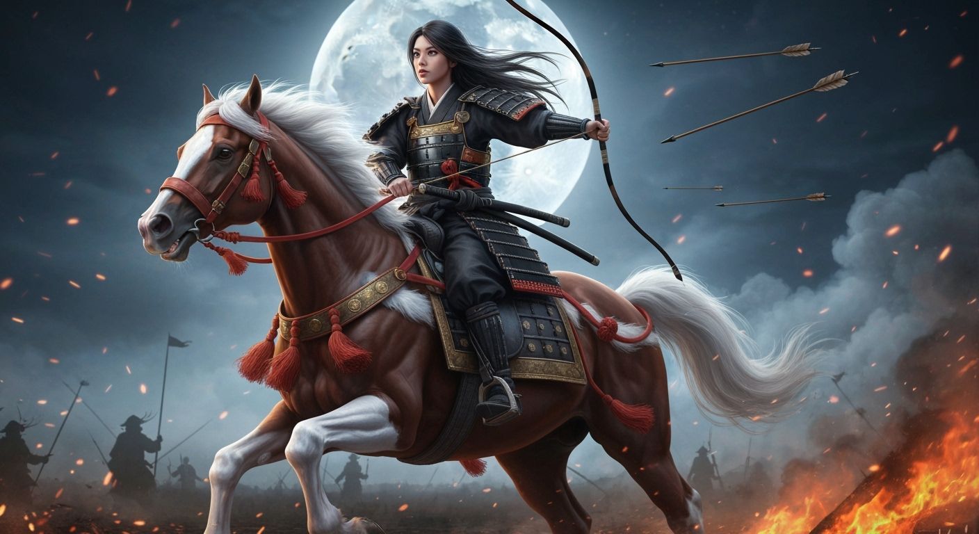 Samurai Archer on Horseback Galloping Through Moonlit Battle...