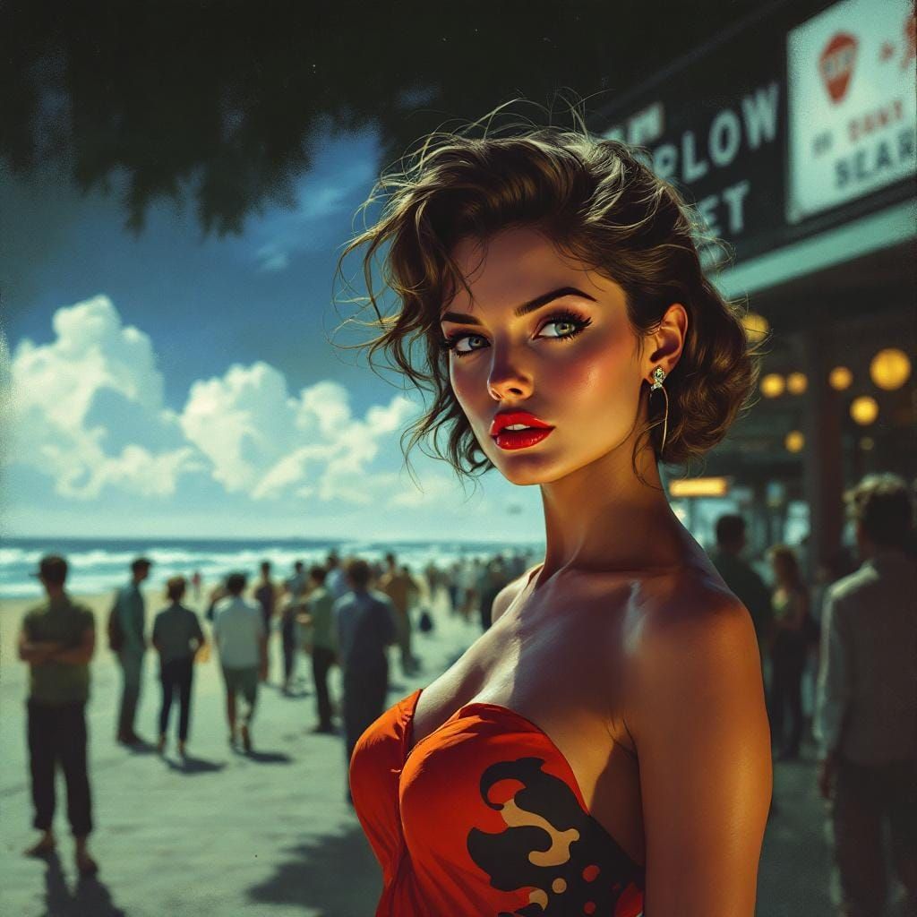 1950s Pin-Up on Boardwalk in Atmospheric Digital Art