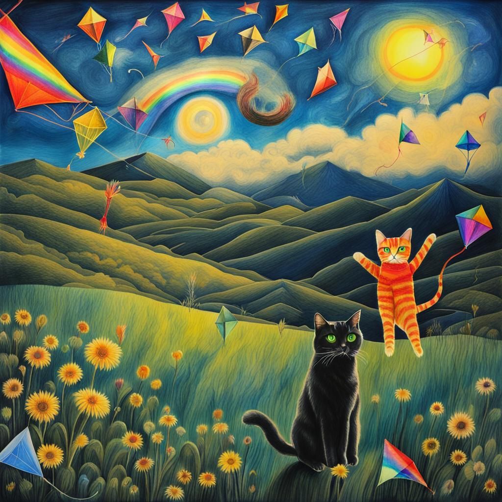 Anthropomorphic Cats Flying Kites: Surreal Crayon Drawing