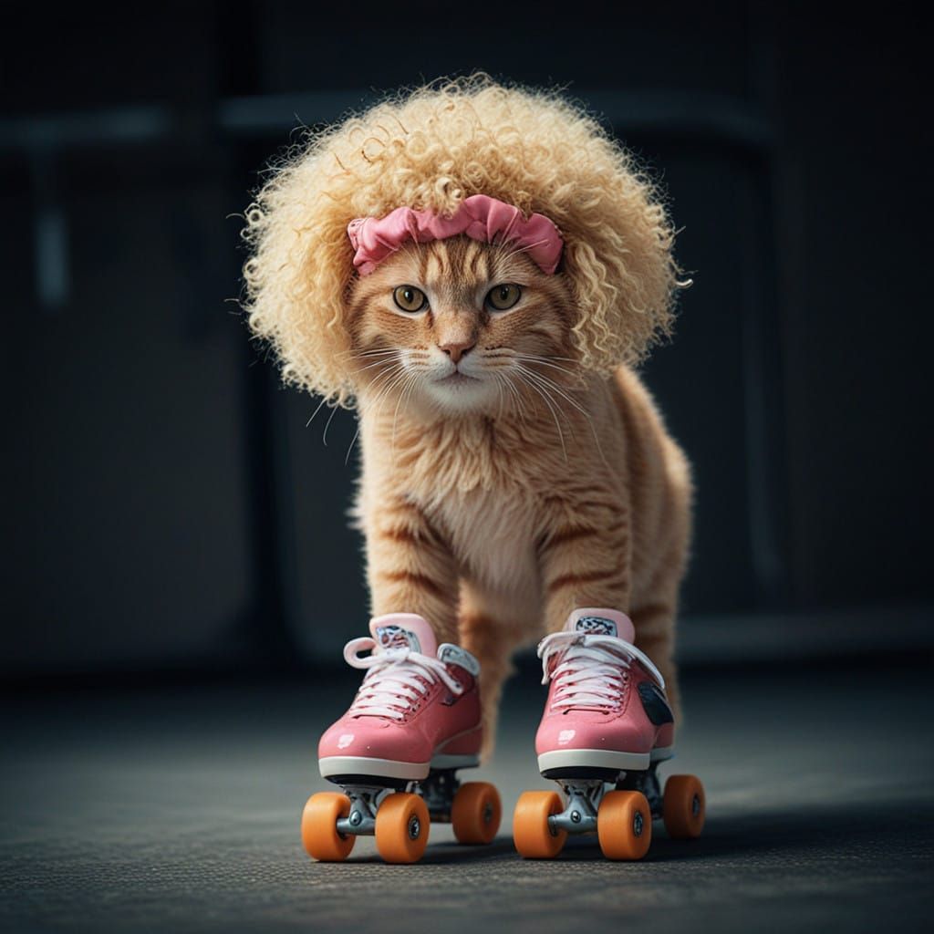 Glamorous 80s Feline Skater in Cinematic Style