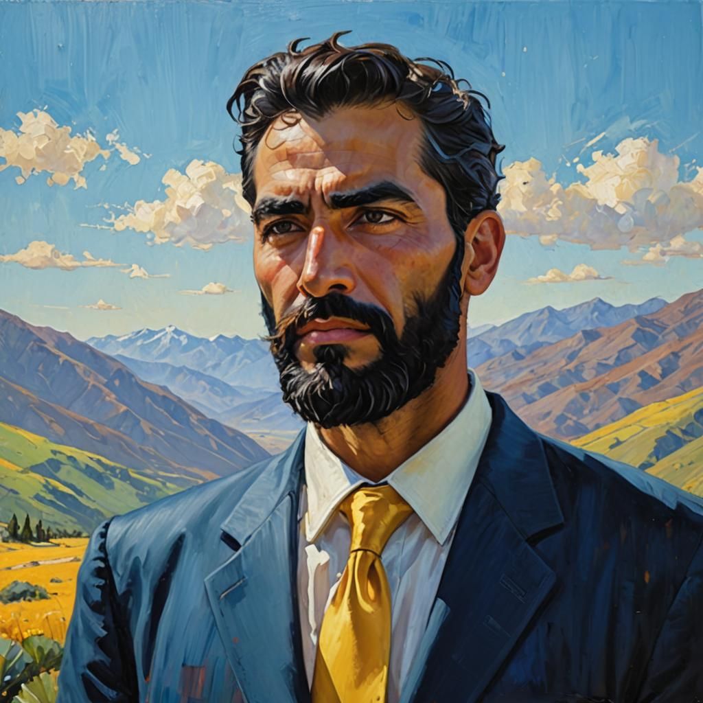 Elegant Man in Mountain Landscape: Neo-Impressionist Oil Pai...