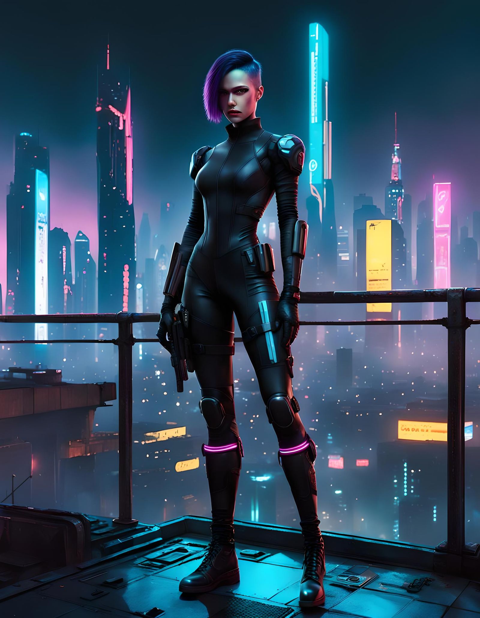 Cyberpunk Woman Rises Above a Neon Cityscape