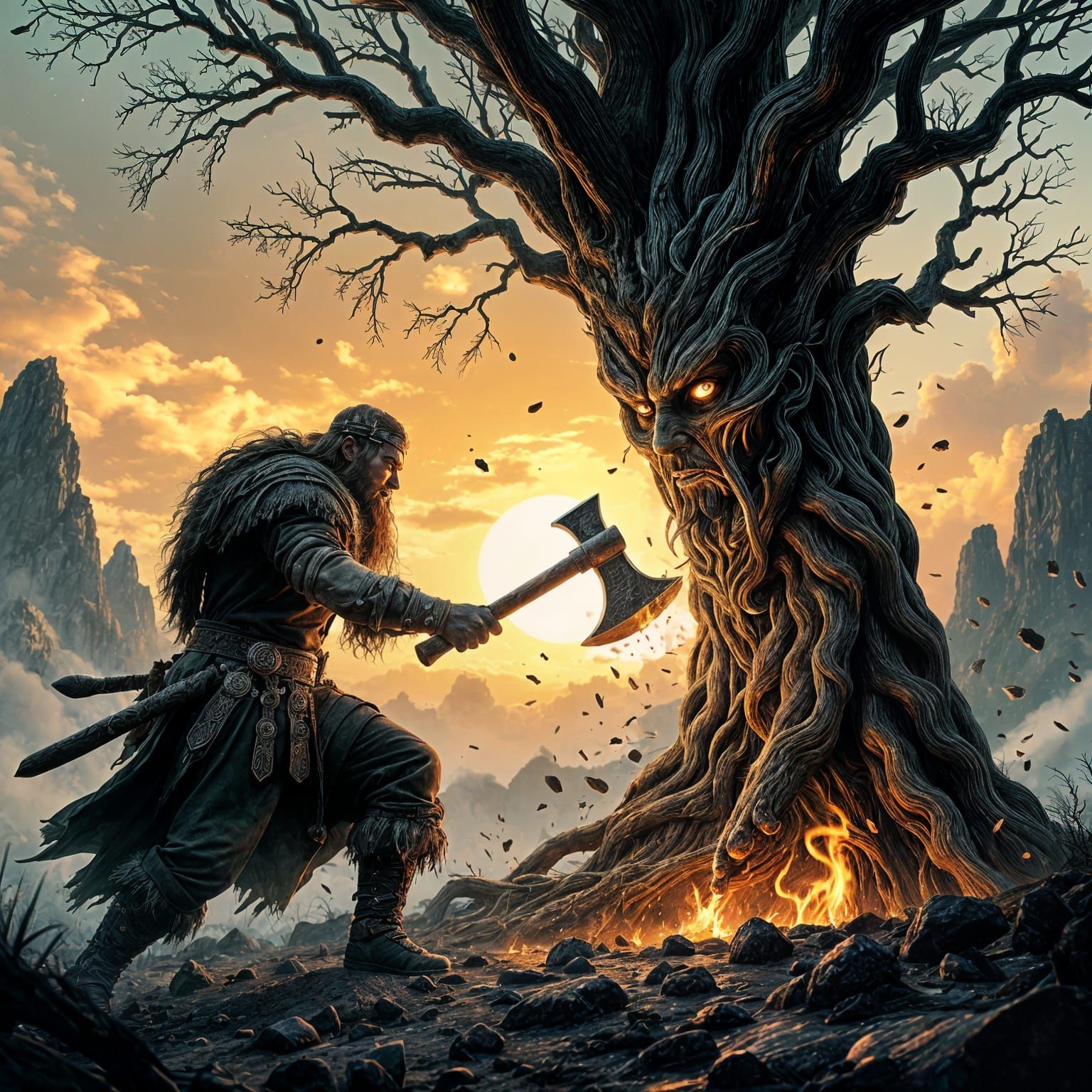 Viking Woodcutter vs Evil Ent in Hyperreal Art