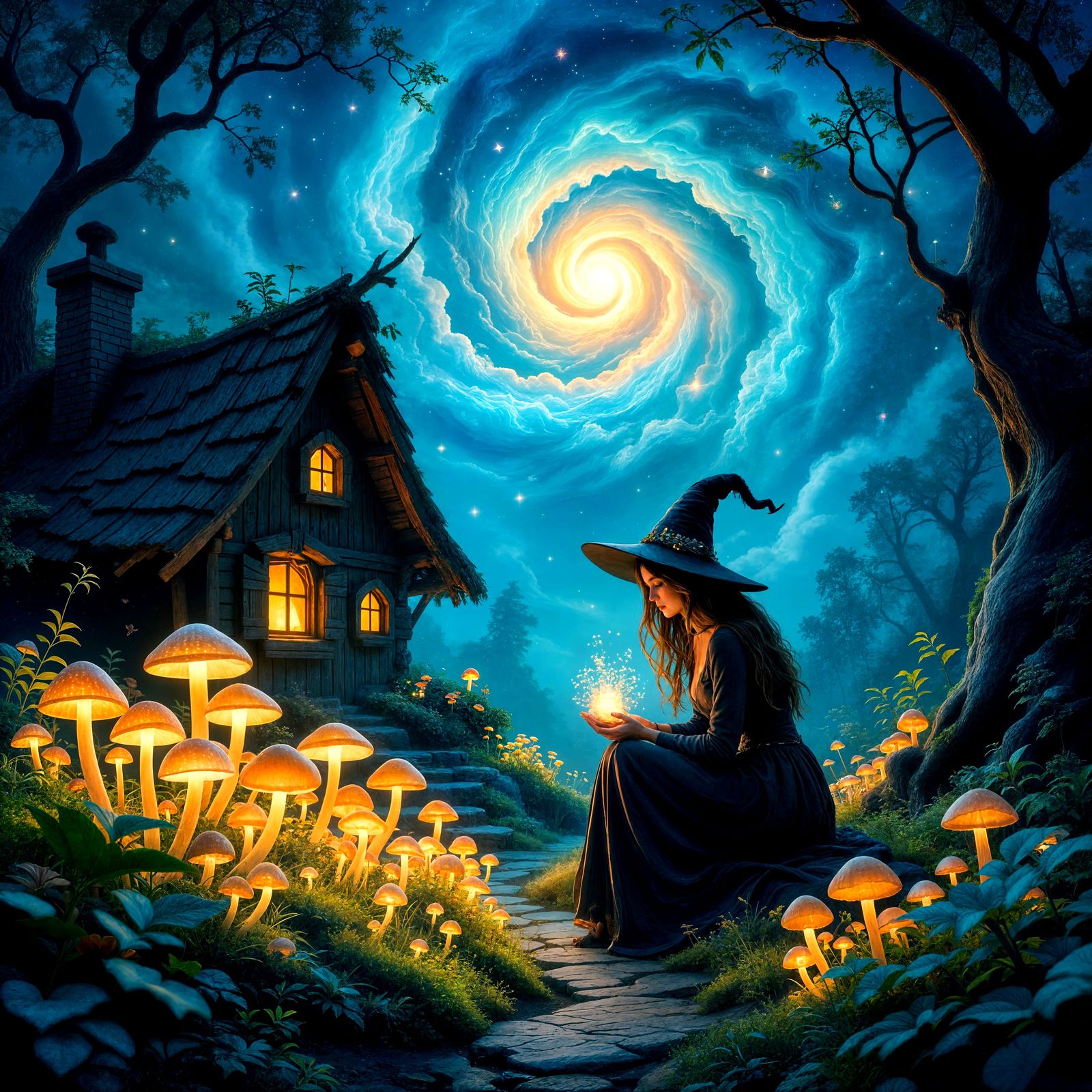 Witch Tending Bioluminescent Mushroom Garden Under Nebula Sk...