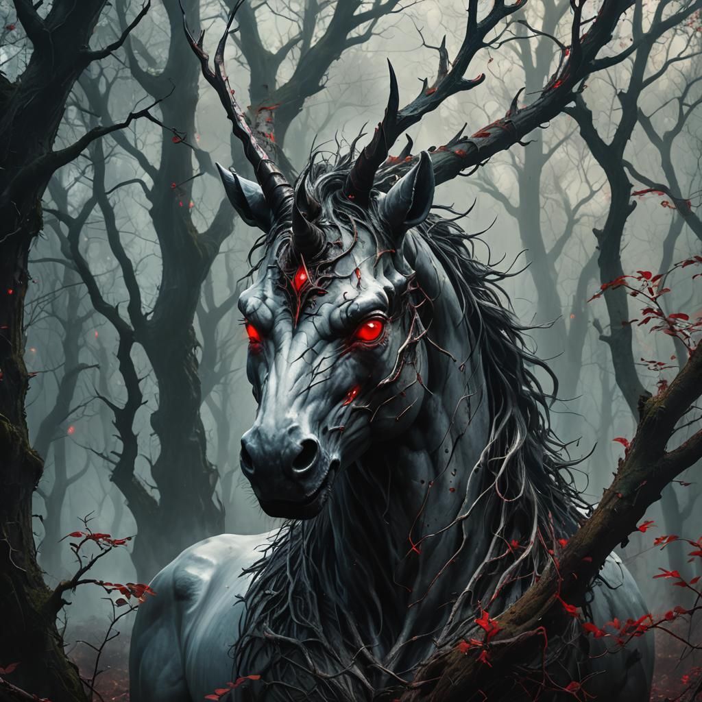 Eerie Unicorn in Dark Fantasy Art Style