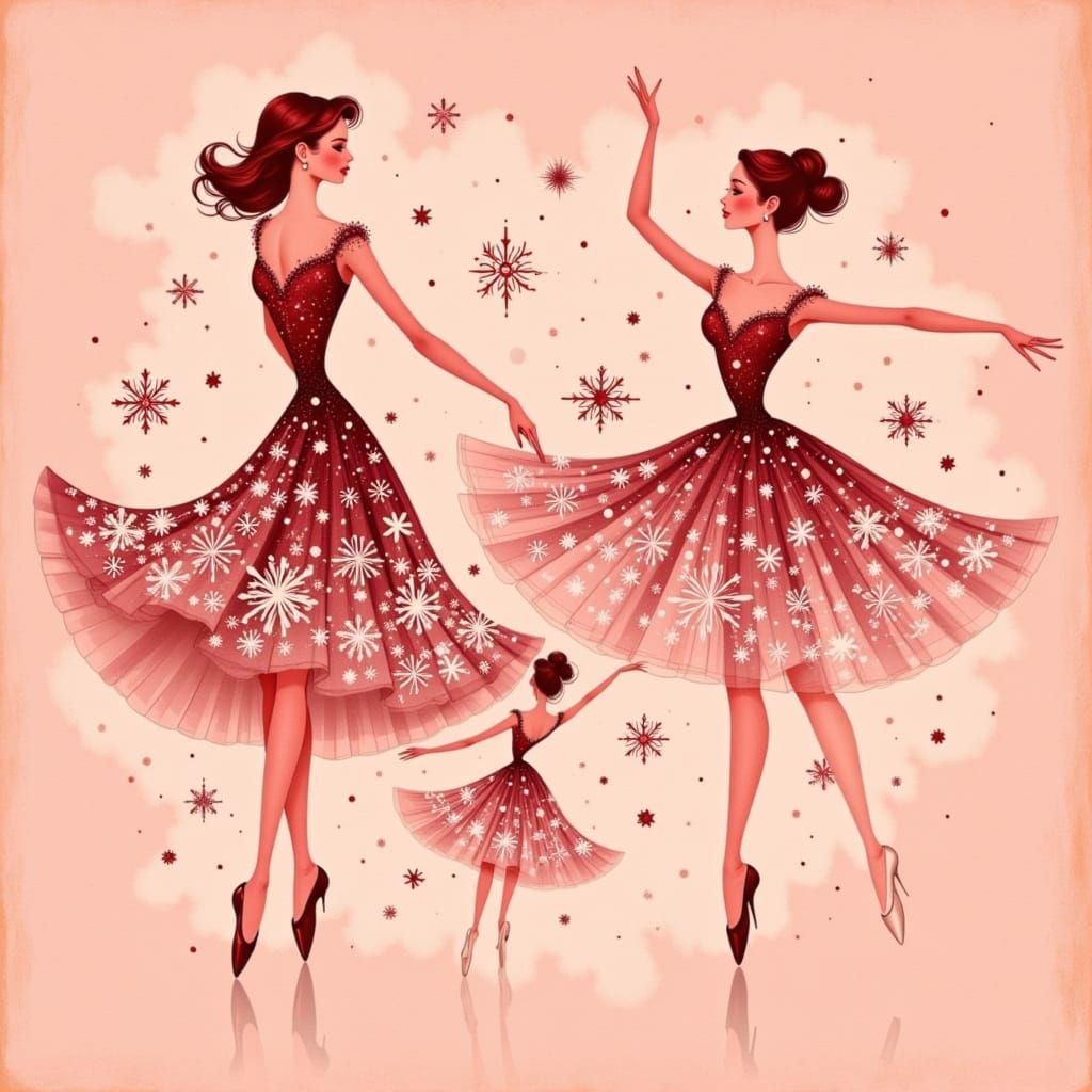 Retro Ballerinas Dancing Amidst Snowflakes in Vintage Style