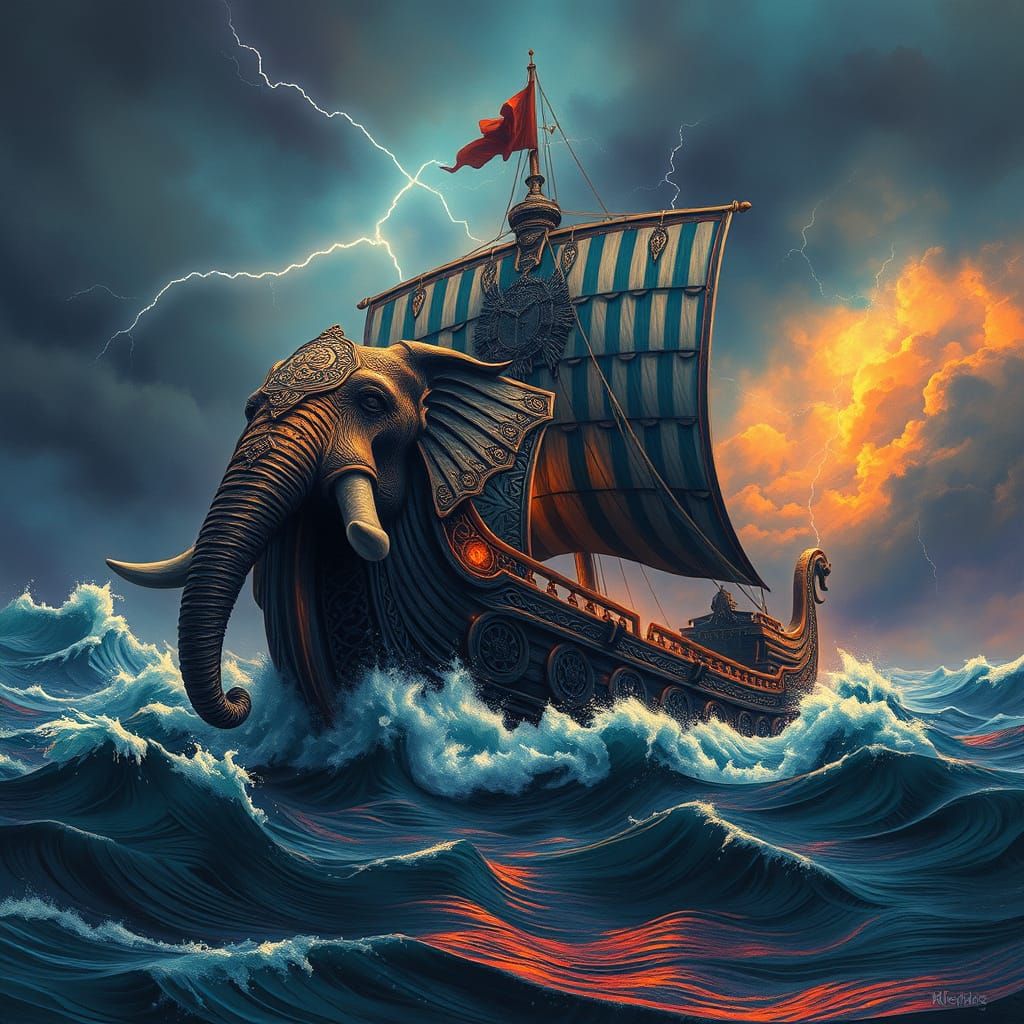Epic Viking Ship Elephant Conquers Stormy Seas in Charcoal D...