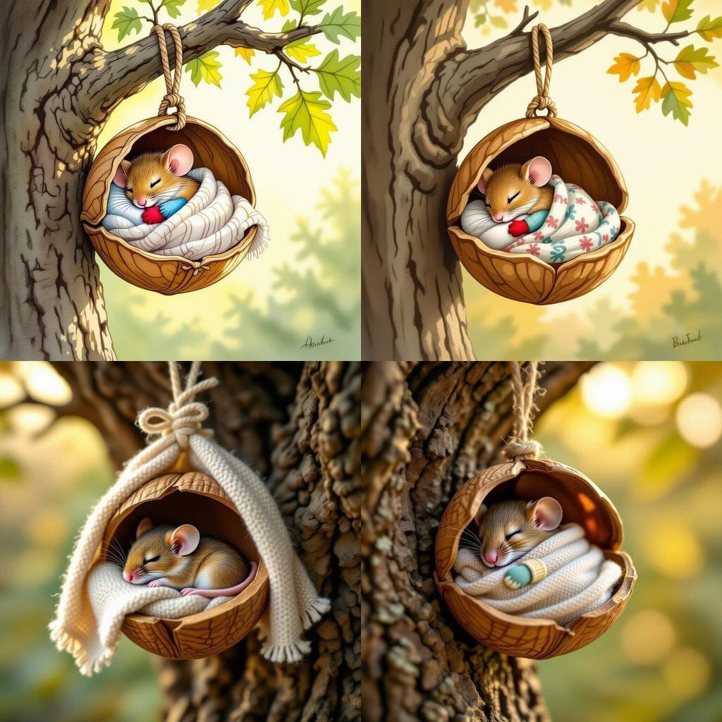 Tiny Mouse Sleeps in Walnut Shell on Oak Tree