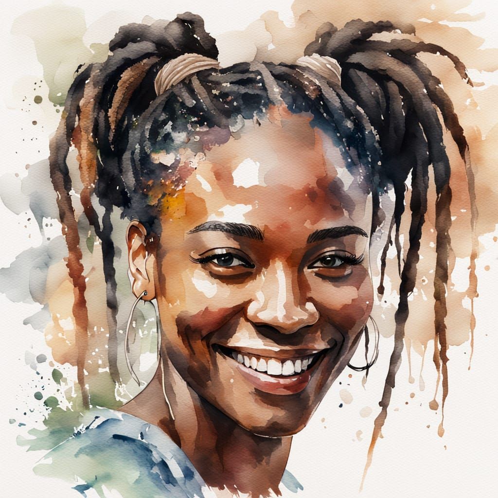 Watercolor Portrait of Young Woman with Dreadlocks