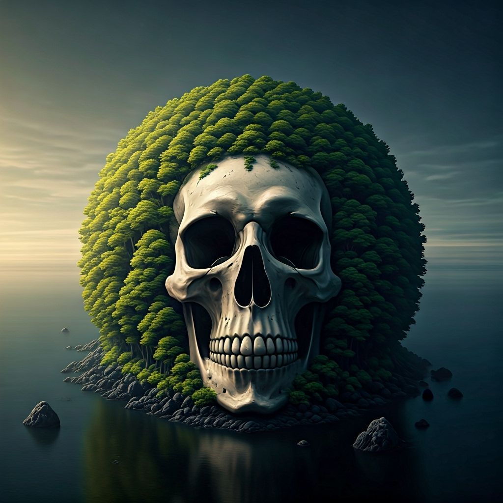 Skull Island With Hidden Obsidian Building In Watercolor Sty...