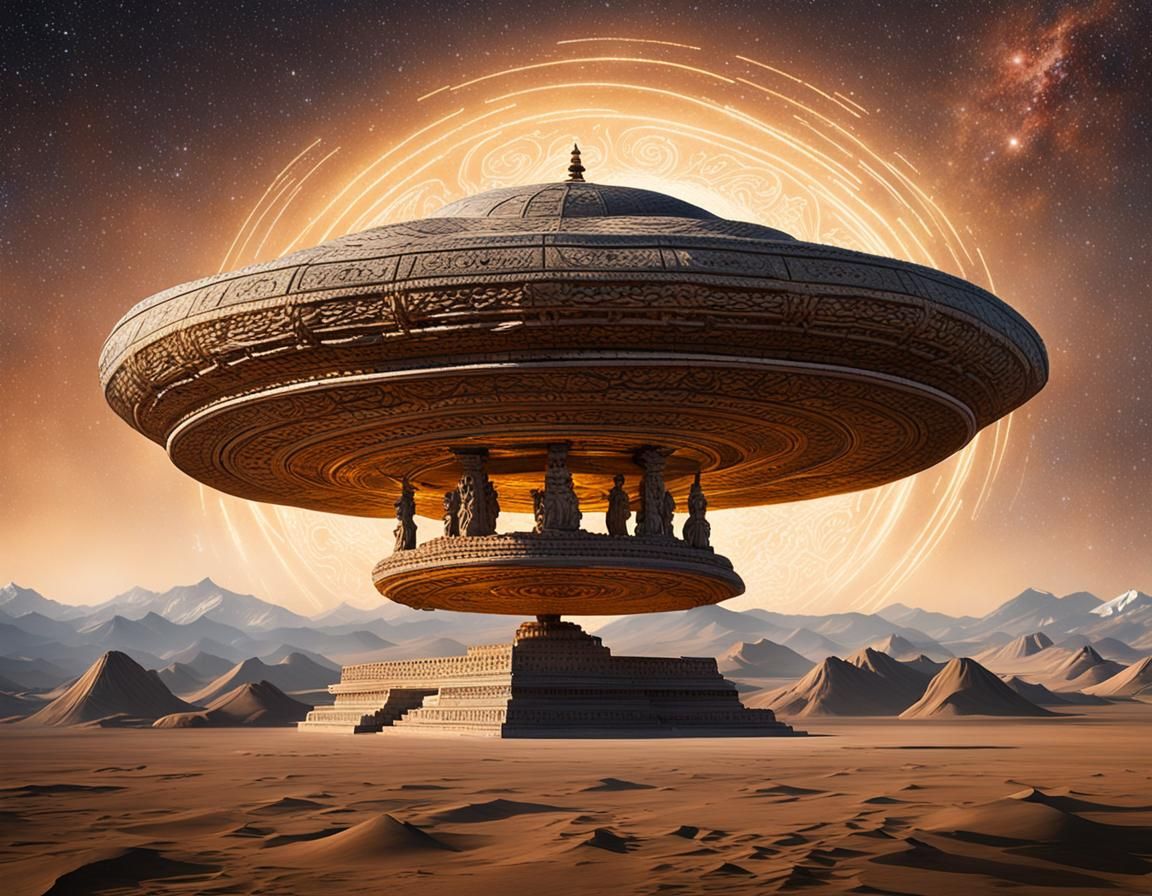 UFO Over Icy Desert Landscape in Renaissance Style