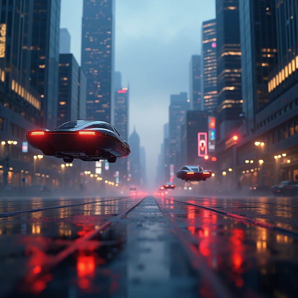 Futuristic Cityscape at Dusk with Flying Cars and Neon Light...