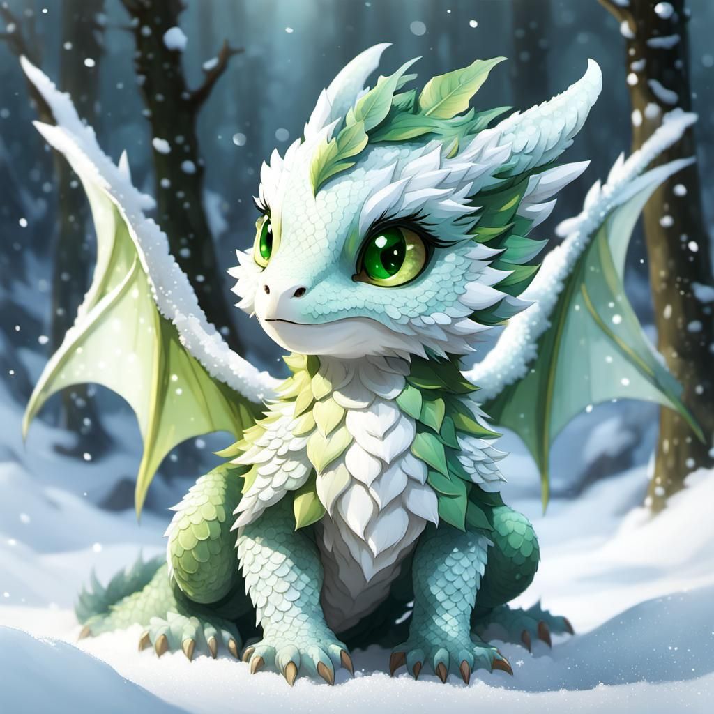 Adorable Green Dragon Cub Playing in Snow