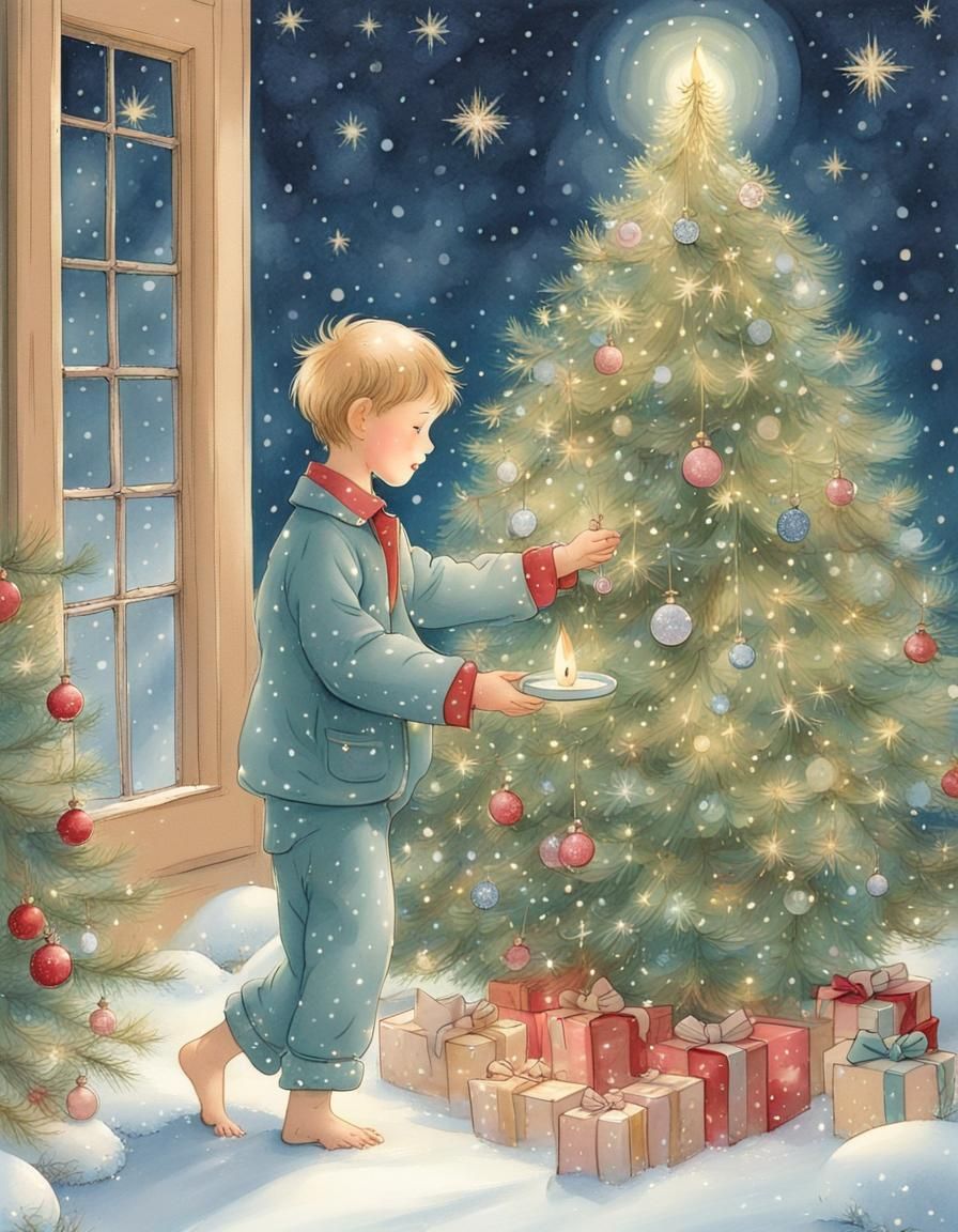 Boy and Christmas Tree in Betsey Clark Style