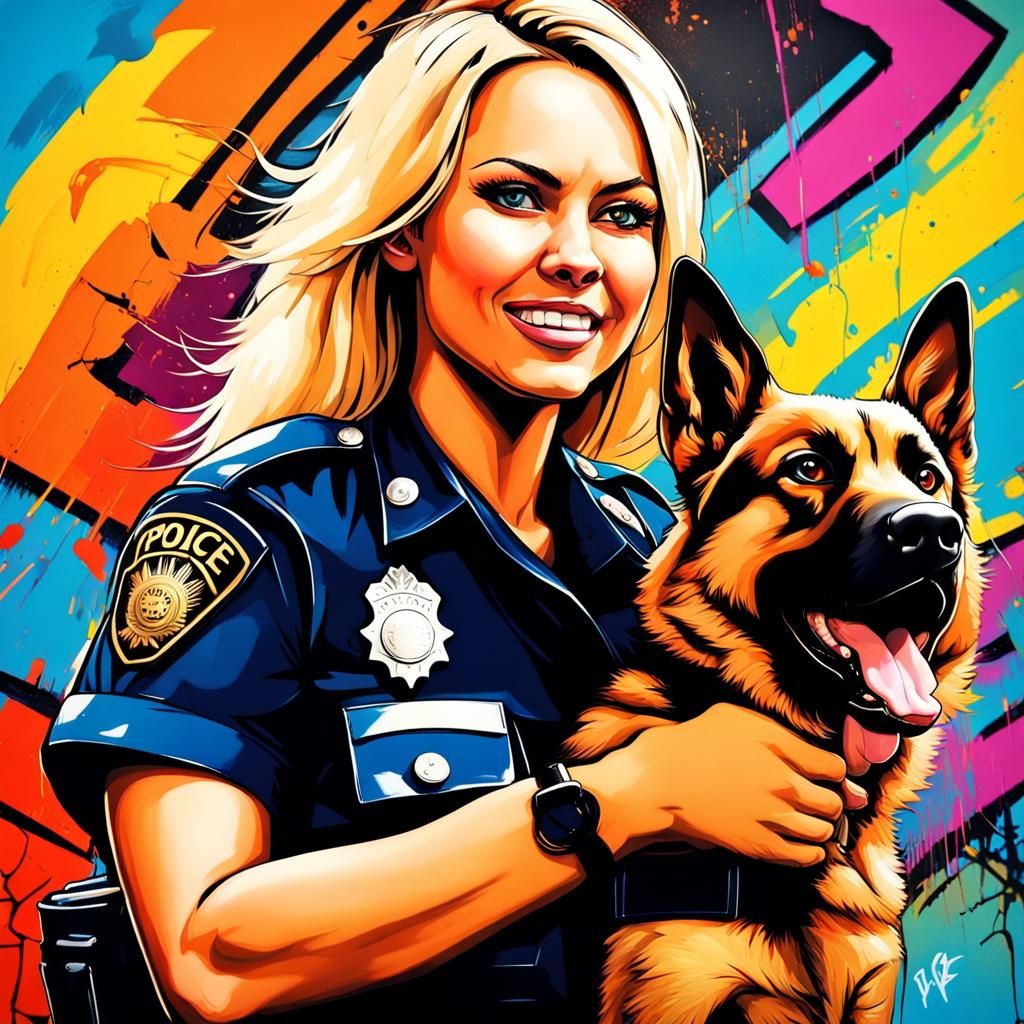 Police Officer and Dog in Graffiti Street Art