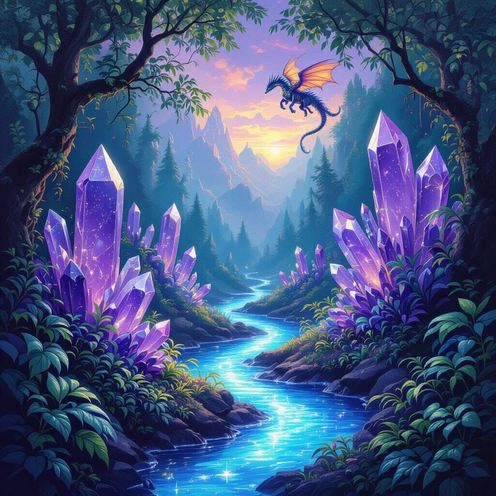 Enchanted Crystal Forest with Mythical Creatures and Dragons