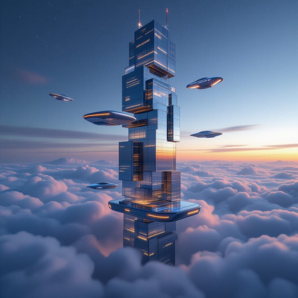 Futuristic Cloud City with Neon Lights