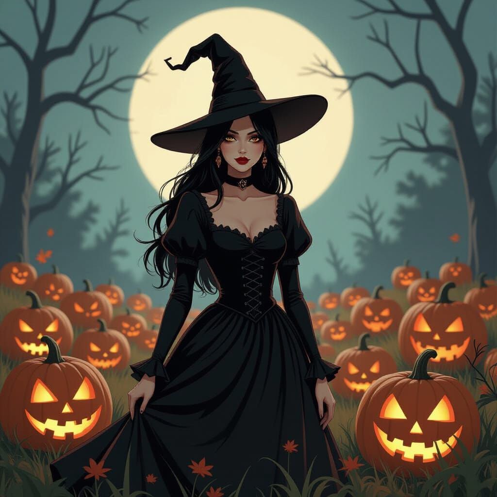 Spooky Witch in Pumpkin Patch, Burton-Miyazaki Style