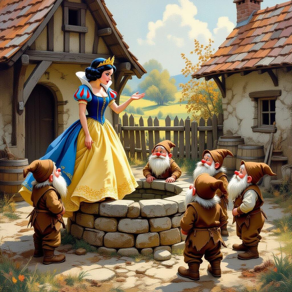 Snow White Scolds Dwarves in Farmyard, Rockwell Style