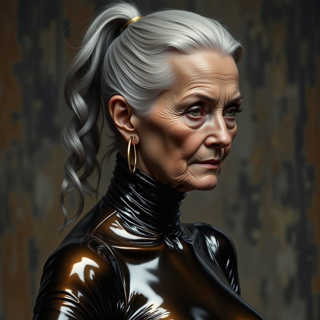 Elegant Elderly Woman in Bronze Catsuit Dancing