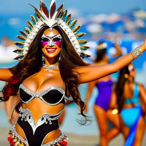 Brazilian Carnival: Brunette Girl Dancing with Diadem