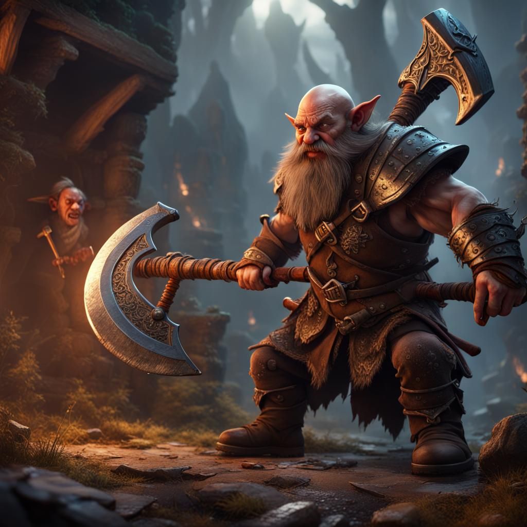 Dwarf Battles Goblin with Axe: Fantasy Concept Art