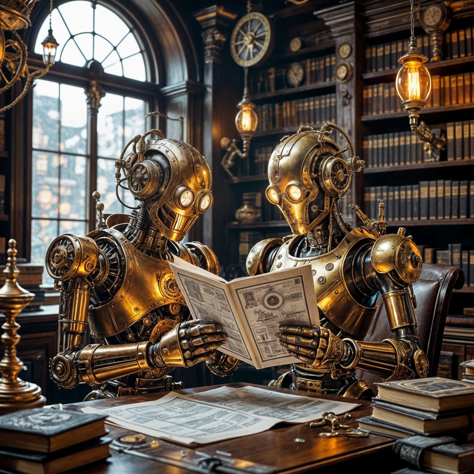 Steampunk Library: Automaton Reading Blueprints by Gaslight