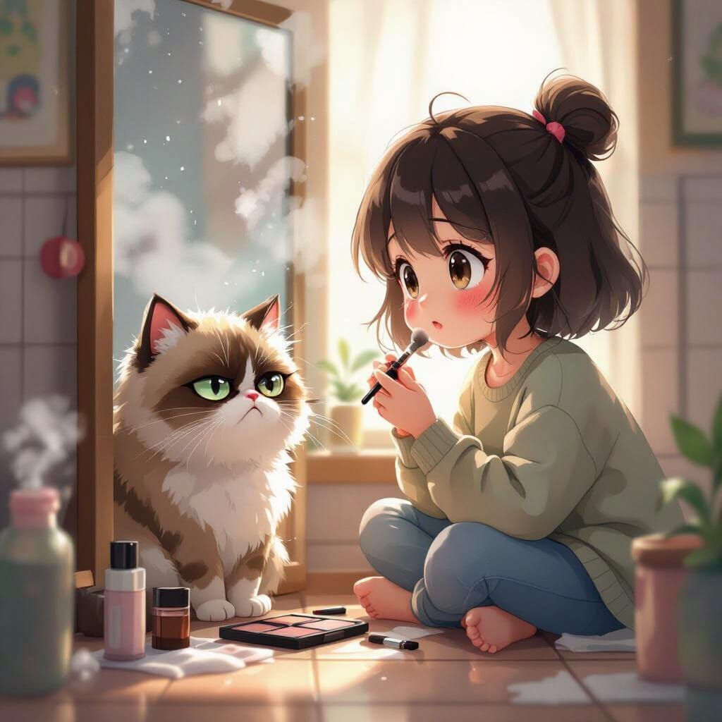 Anime Girl with Cat in Cozy, Painterly Style