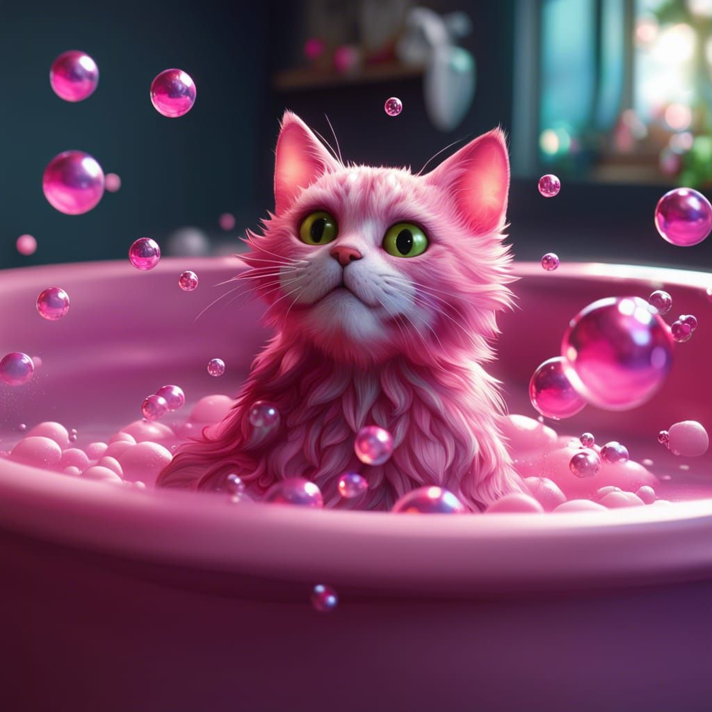 Cute Cat's Pink Bubble Bath: Detailed Digital Art