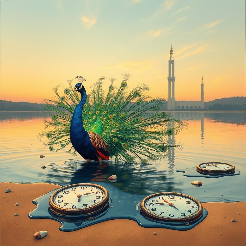 Surreal Peacock Emerges from Lake at Golden Hour