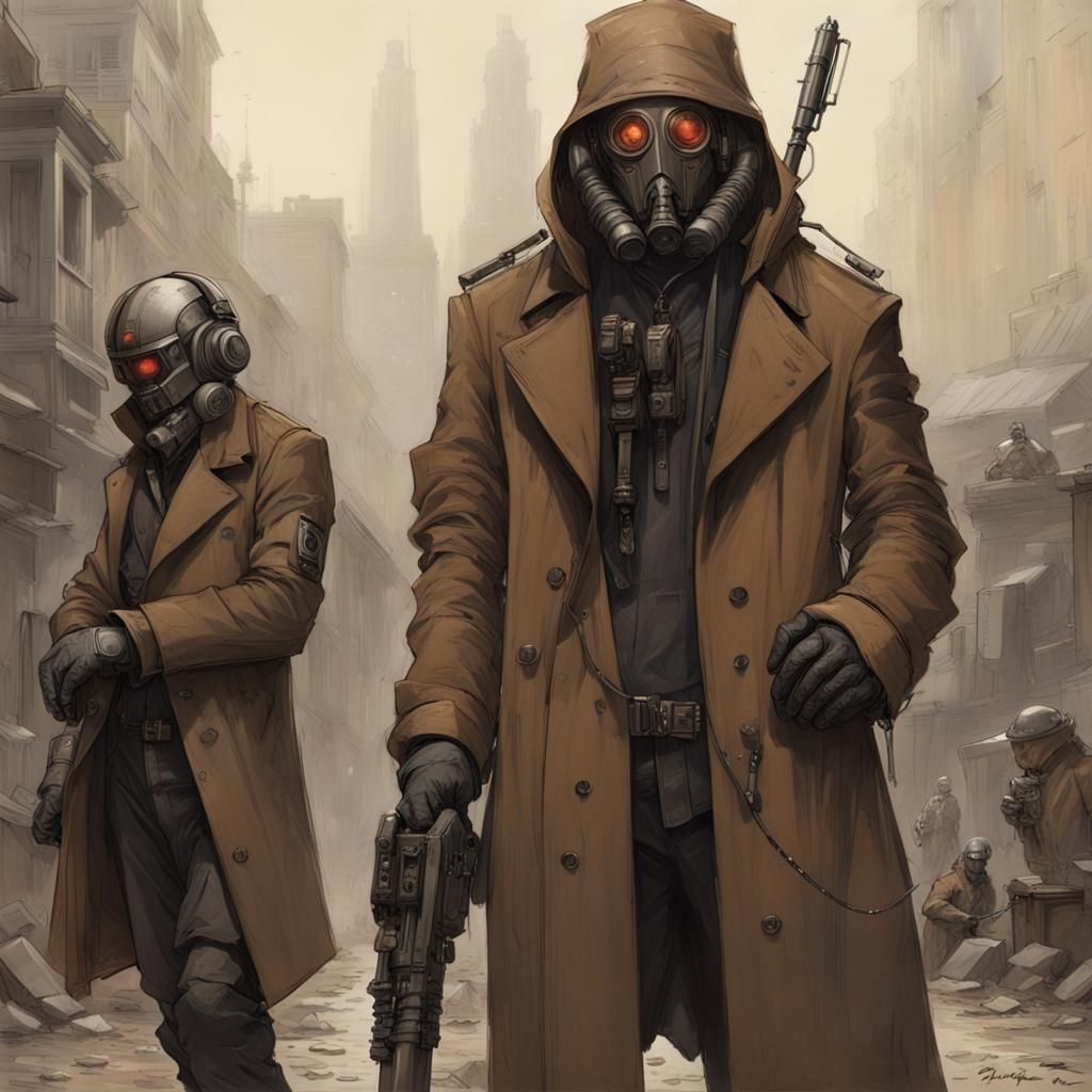 Bounty Hunter in Trench Coat with Robotic Arm