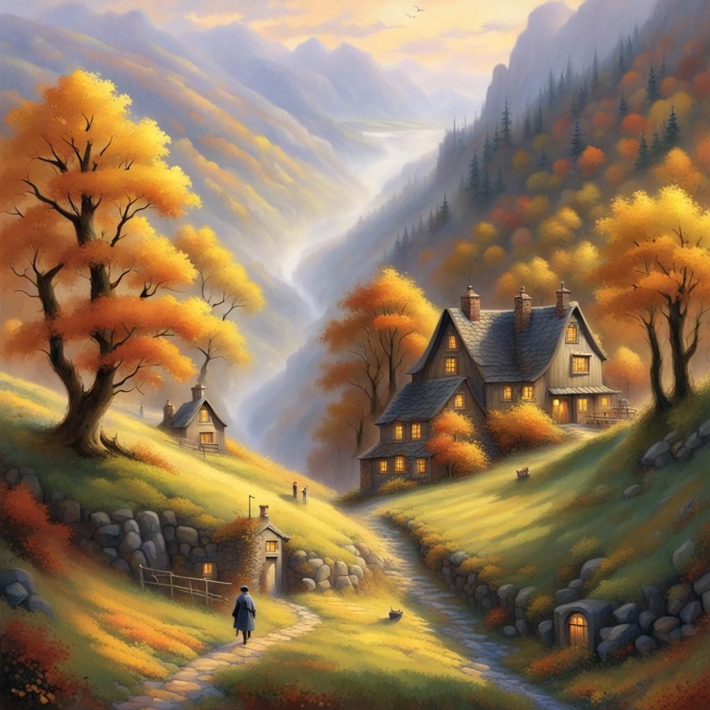 Autumnal Valley Village with Mountain Home in Ethereal Style