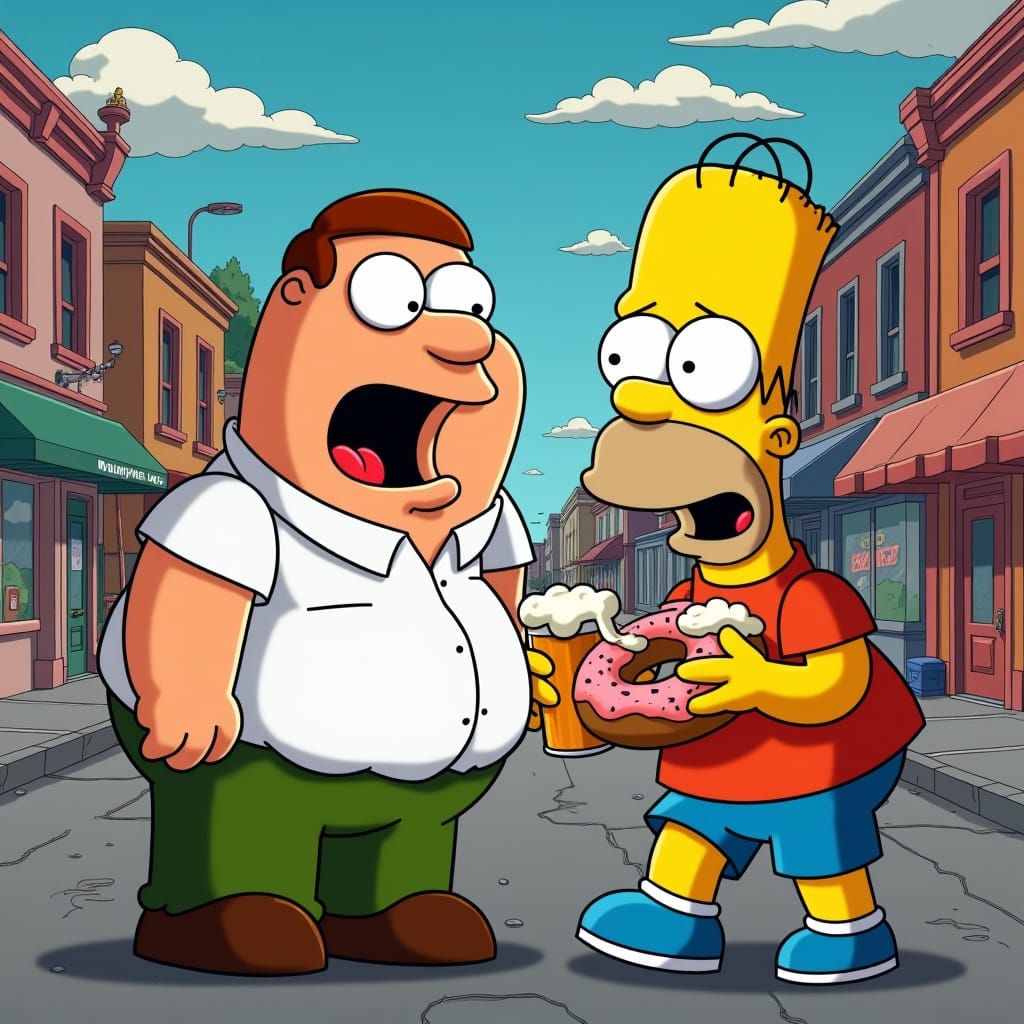 Homer Simpson Meets Peter Griffin in Cartoon Style