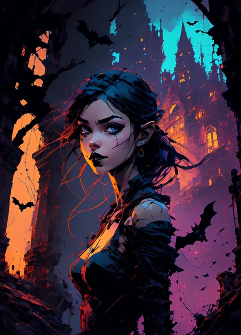 Vampiric Gothic Girl Portrait in Keane Style