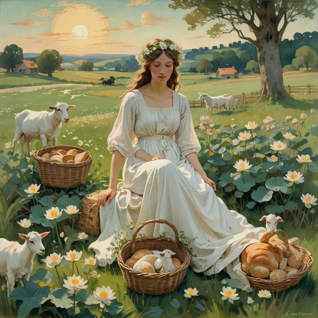 Woman with Flower Crown on Farm, Impressionistic Style