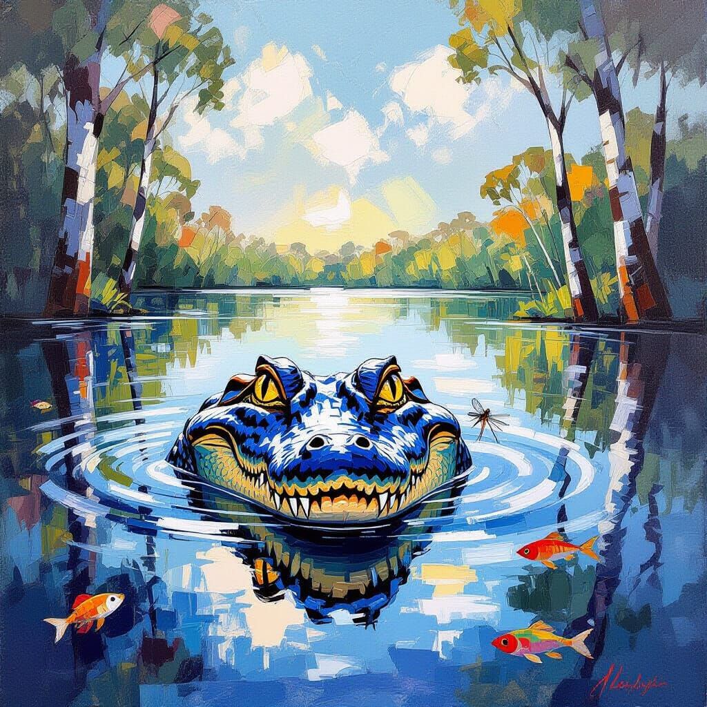 Crocodile Eyes Reflected in Water, Expressionist Painting