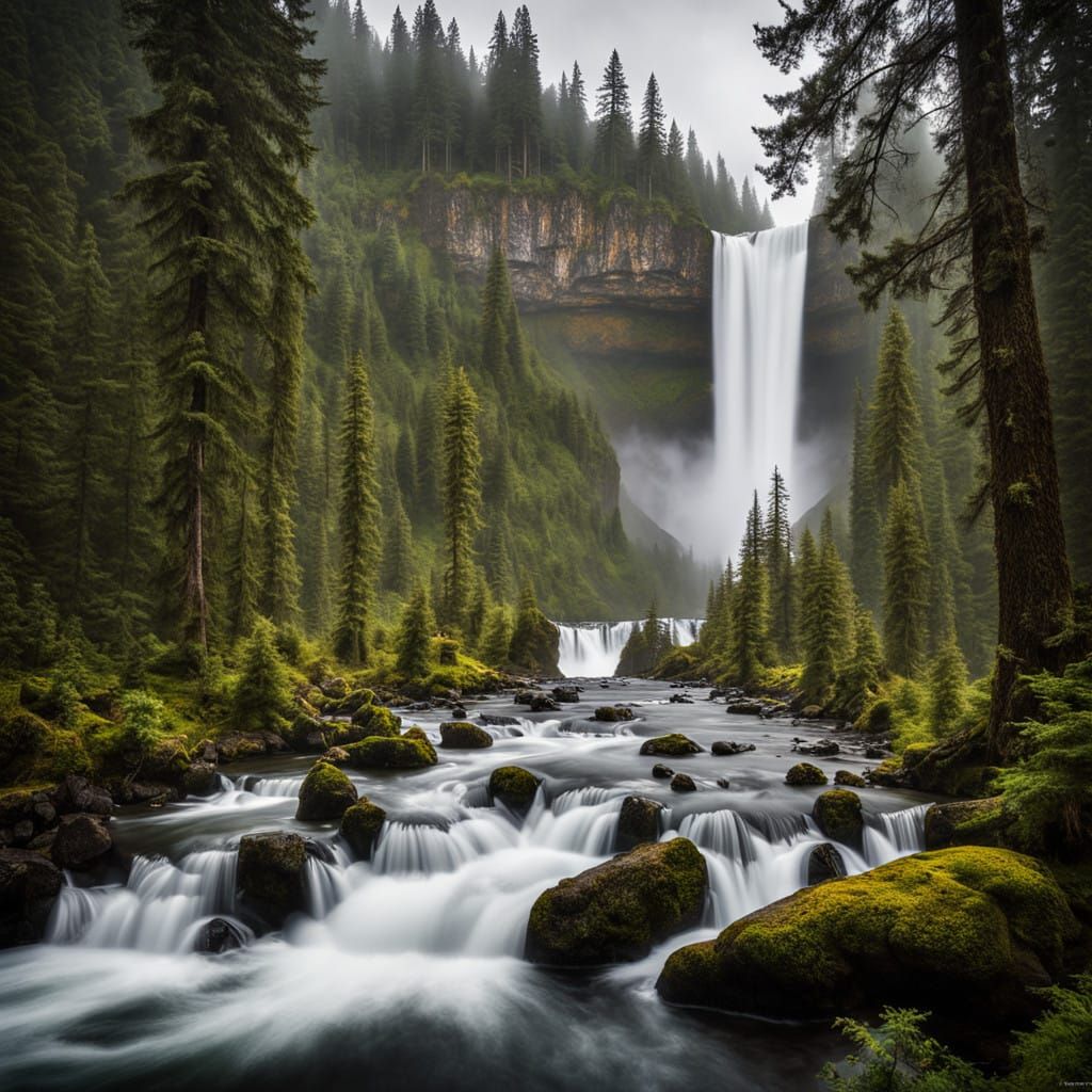 Misty Waterfall in Lush BC Rainforest