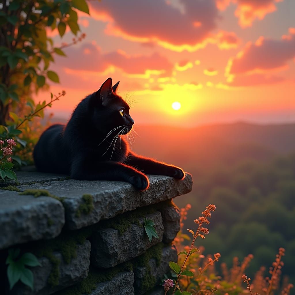 Black Cat Observes Sunset with Orange Tones