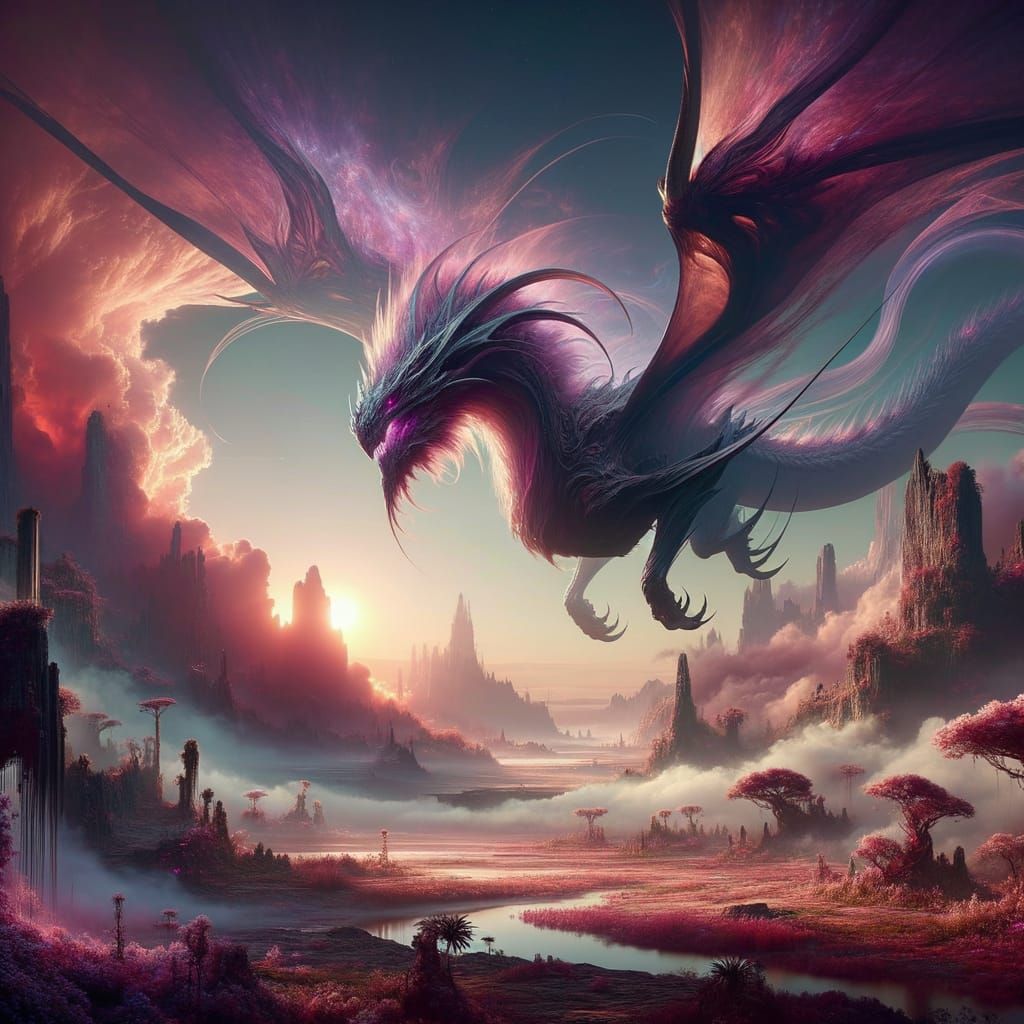 Majestic Dragon Soaring Over Alien Landscape