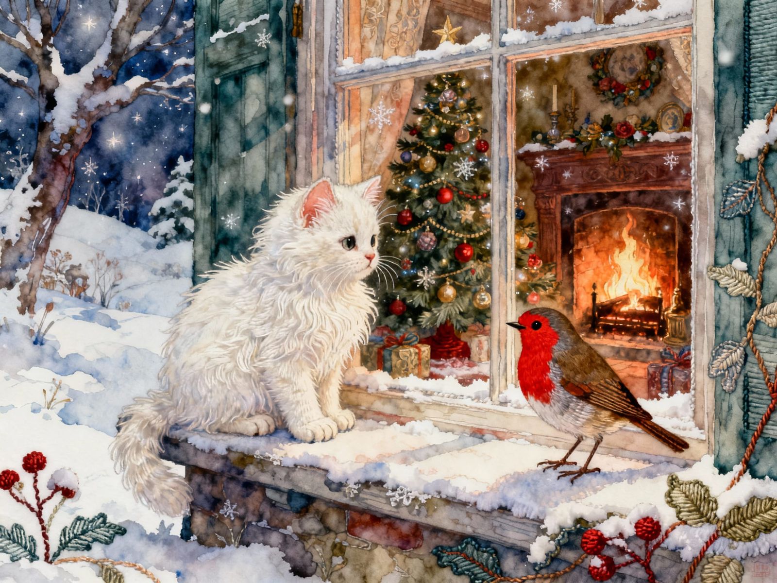 Whimsical Snowy Windowsill with Kitten and Robin