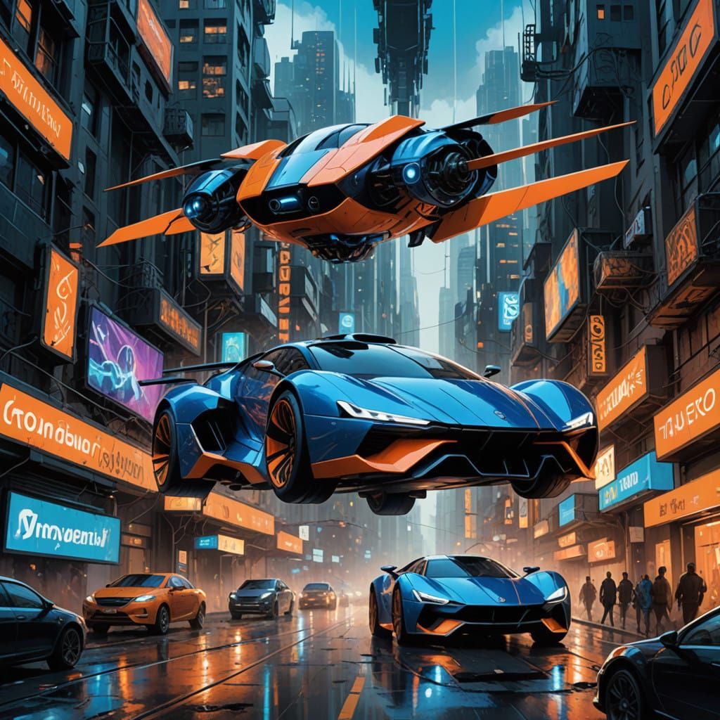 Sleek Flying Cars in Neo-Primitivist Metropolis